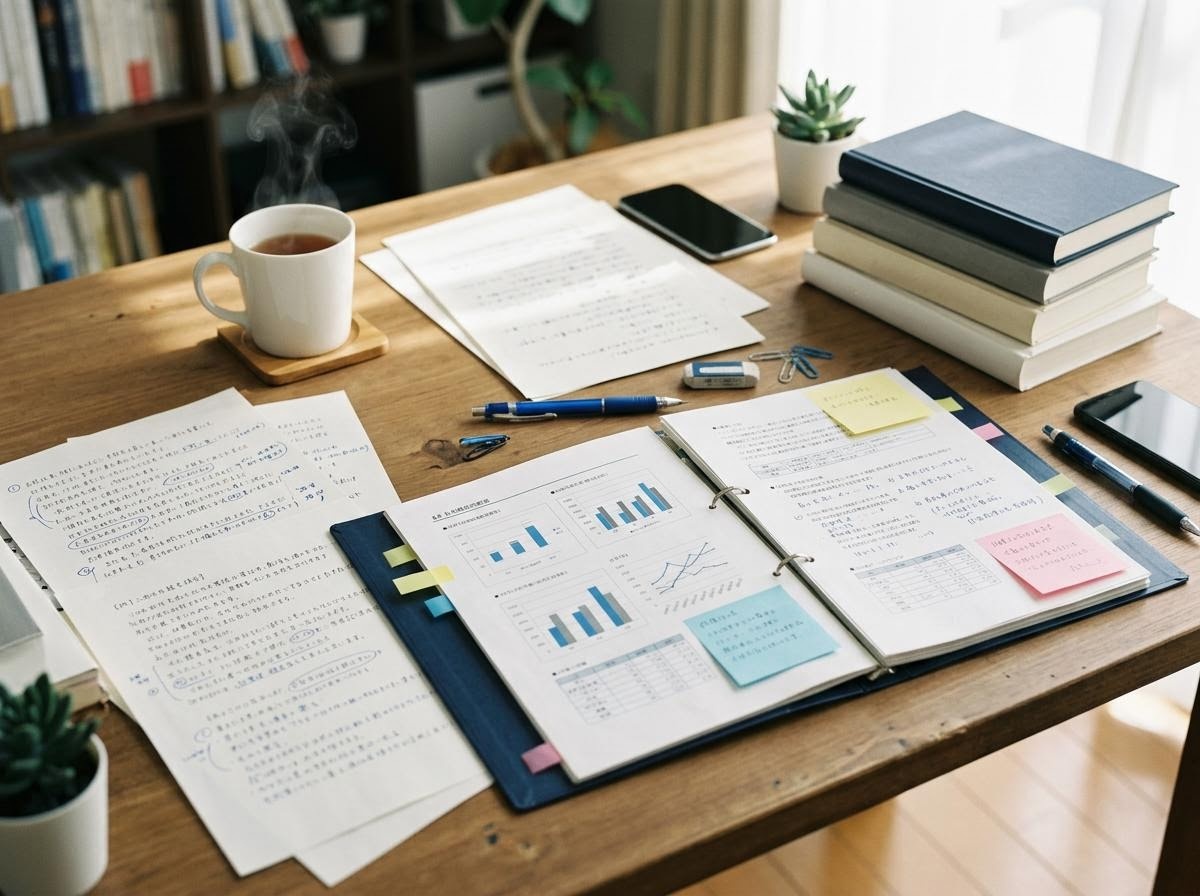 編集デスクに紙資料とノートが整然と並ぶ落ち着いたリサーチ空間のイメージ