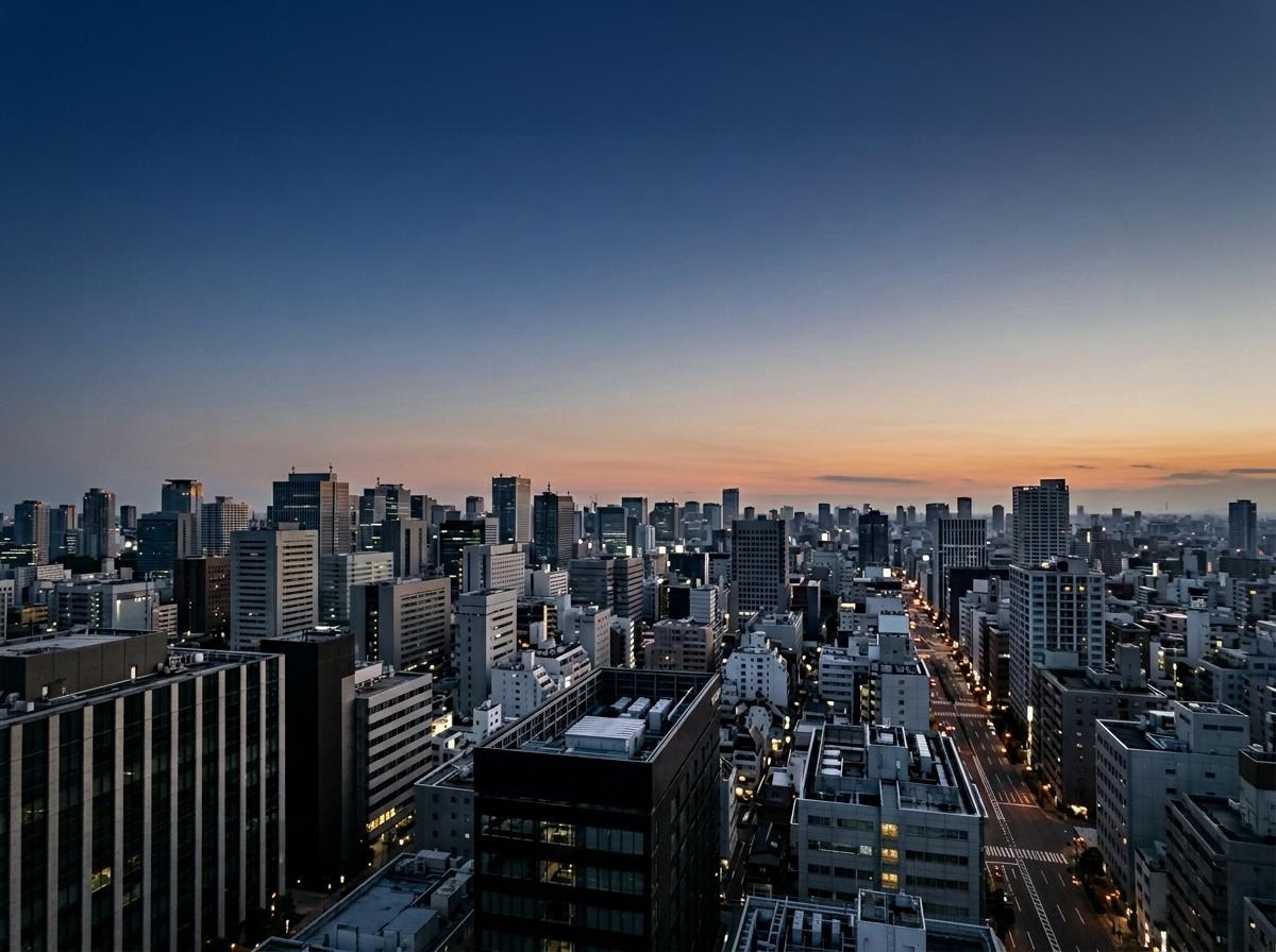 夕暮れの東京中央区のオフィス街を遠景で眺めた静かな構図のイメージ